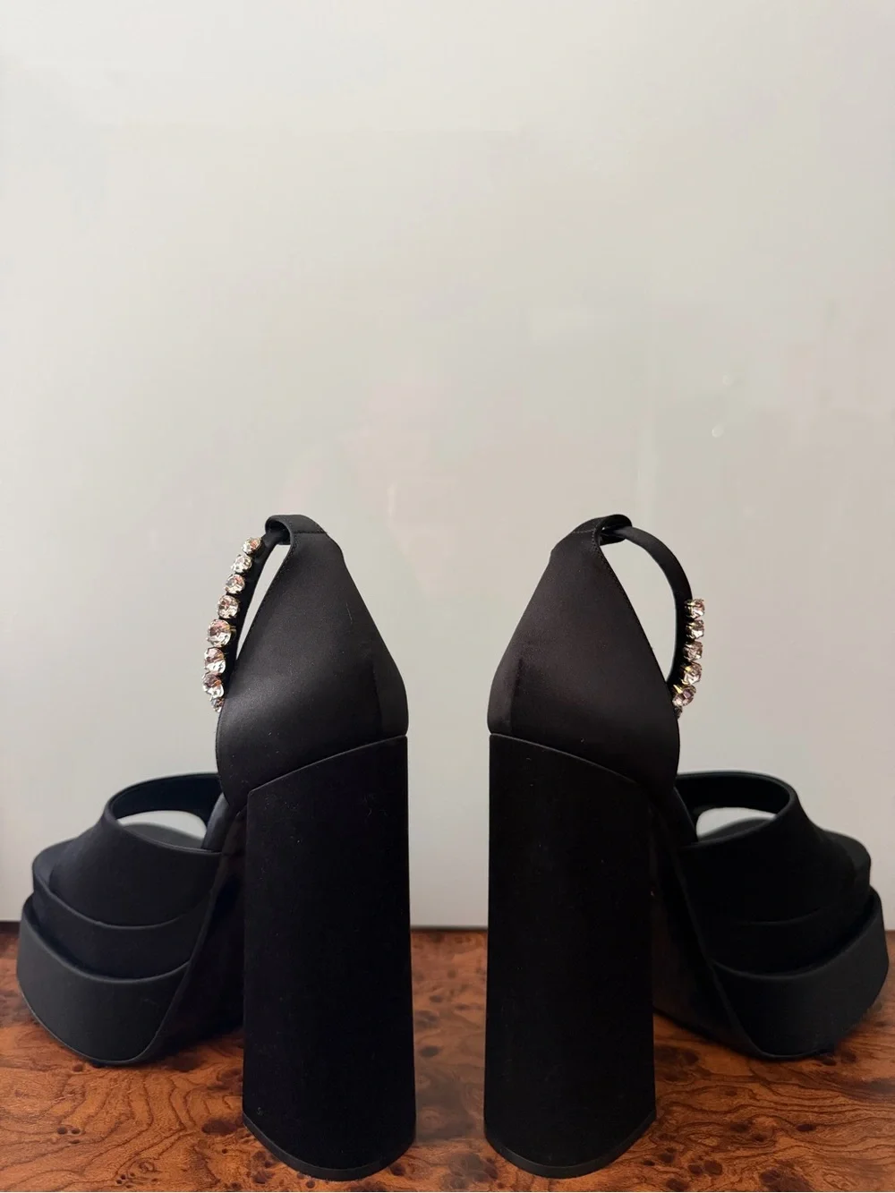 Versace Black Platform Block-Heel Sandals with Gold Chain Ankle Strap